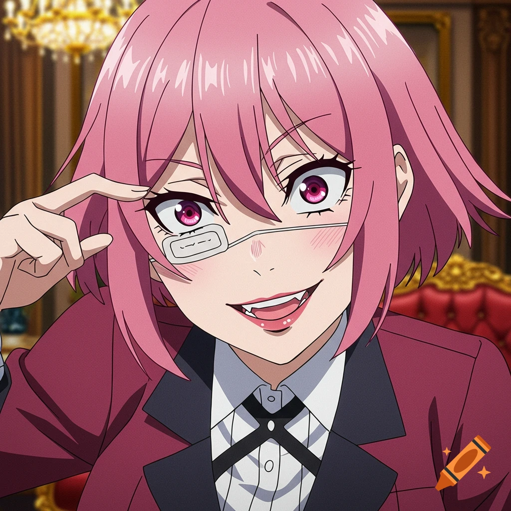 Anime portrait of a girl with pink hair, eye patch, and fangs