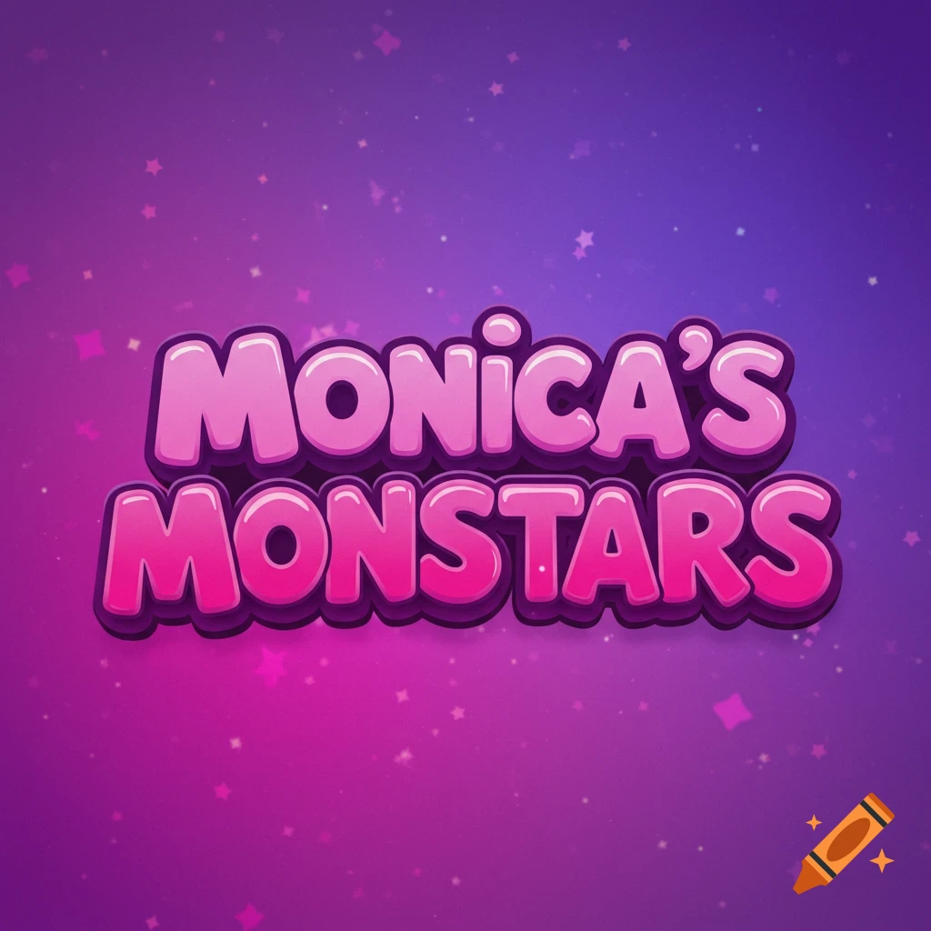Cartoon logo with pink text "MONICA'S MONSTARS" on a purple and pink starry background.