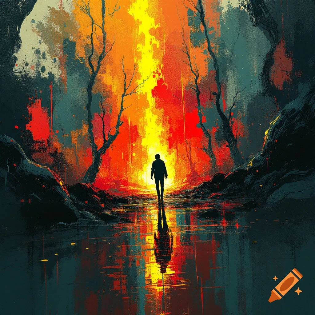 A silhouette walks through a dark forest towards a bright, colorful light reflecting in water.