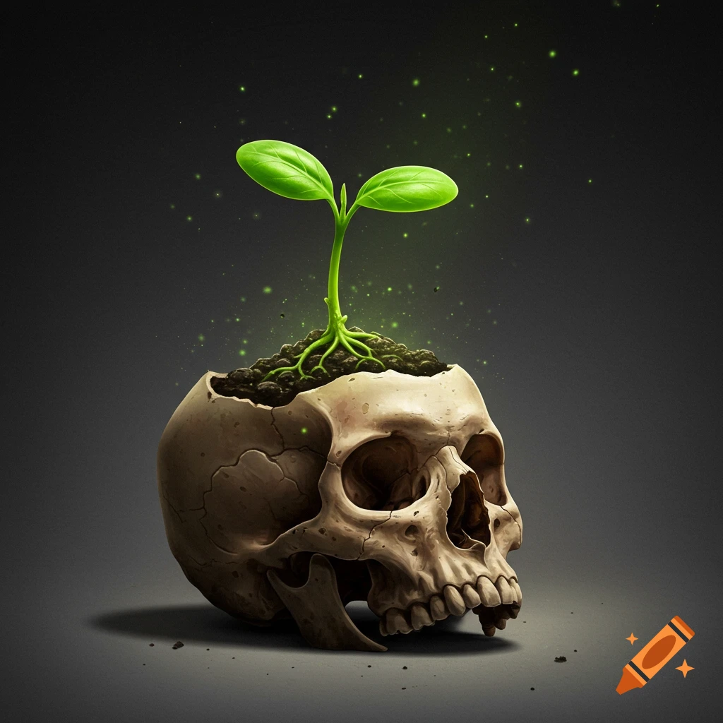 A green plant sprout growing out of a cracked skull.