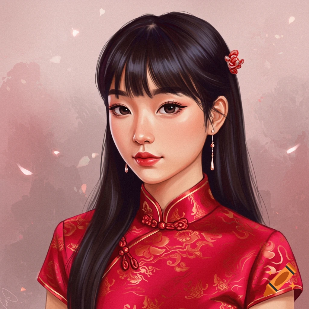 A young Asian woman in a red dress