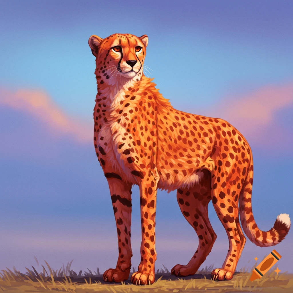 A cheetah standing on a grassy hill against a colorful sky.