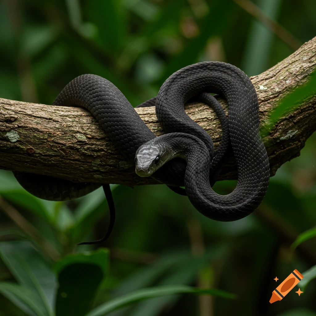 A black snake is coiled around a tree branch in a forest.