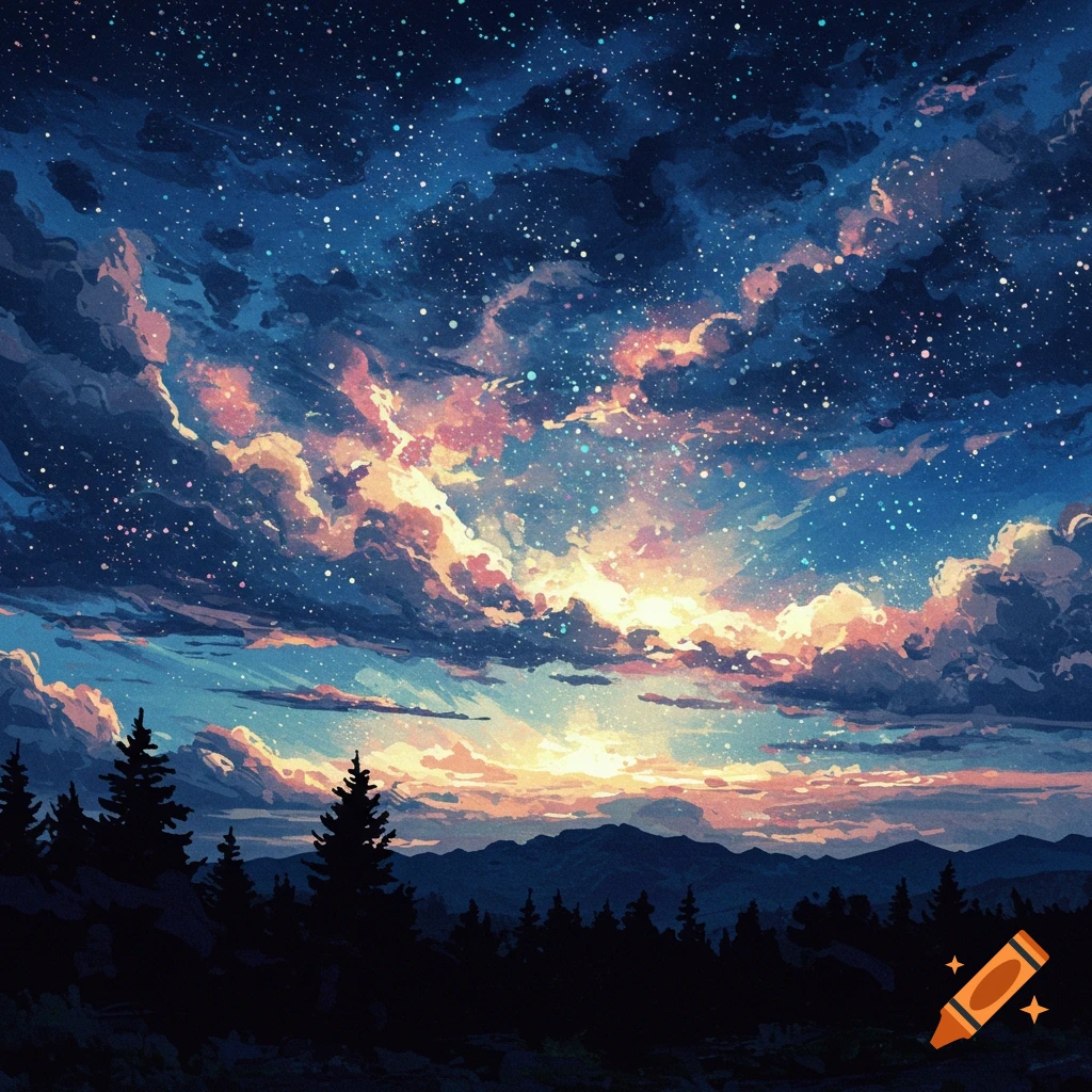 Stylized depiction of a starry night sky with dramatic clouds over mountains and trees at sunset or sunrise.