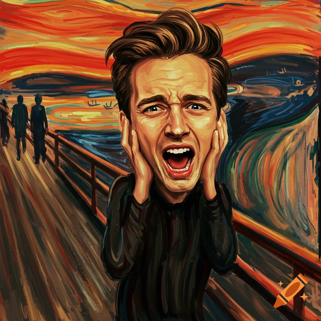 Caricature of a man screaming in the style of The Scream, standing on a bridge.