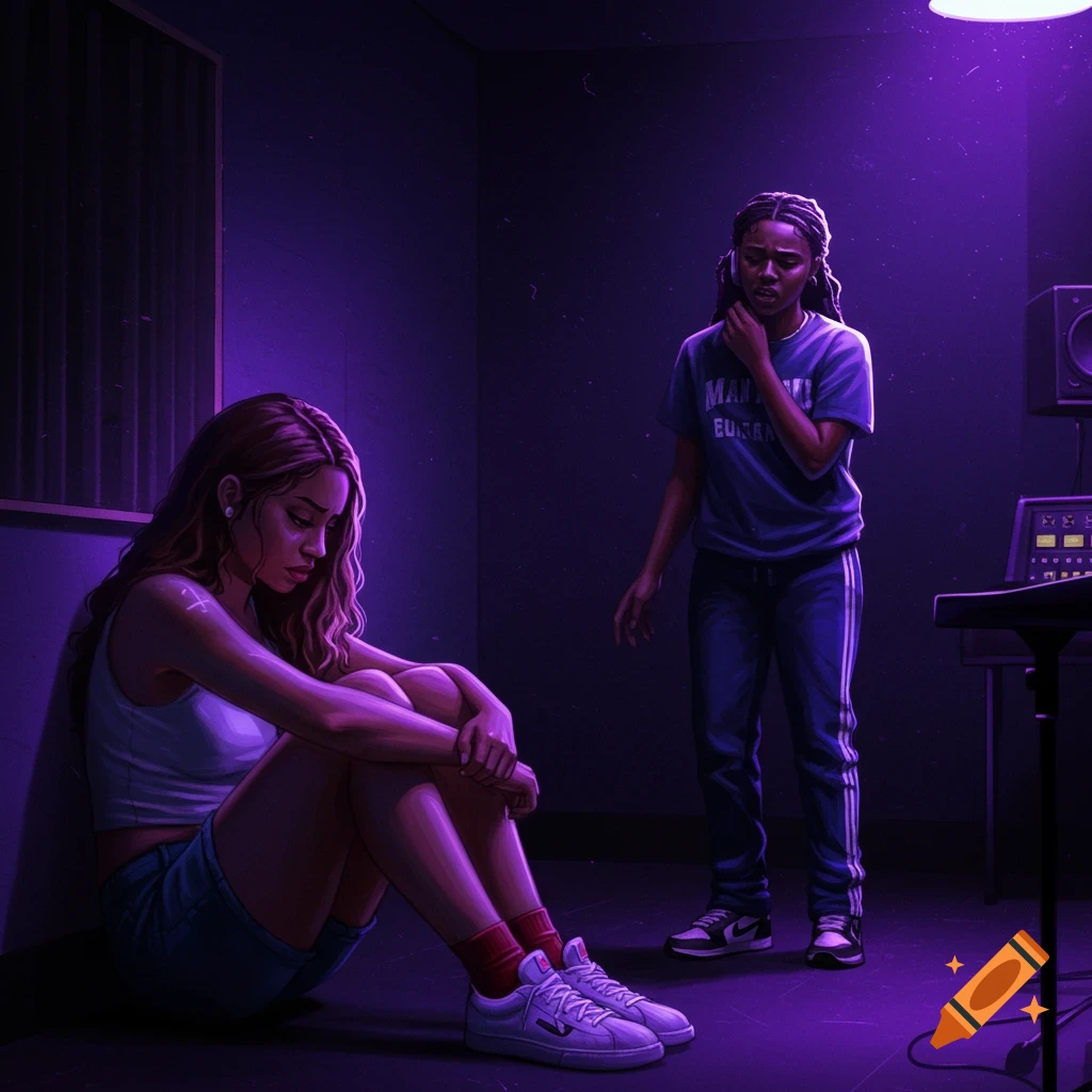 Two women in a dark, purple-lit recording studio. One sits distressed, the other stands worried.