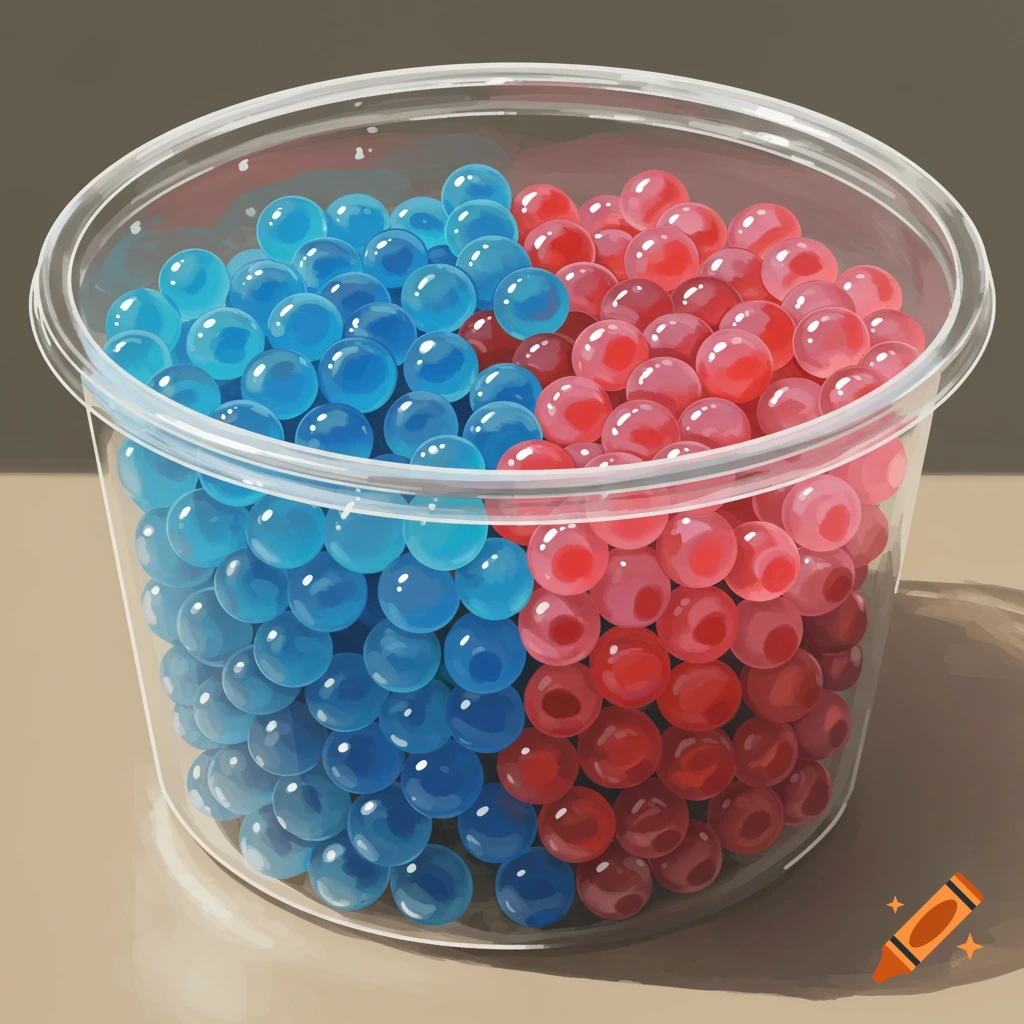 A plastic container holds blue and red boba pearls.