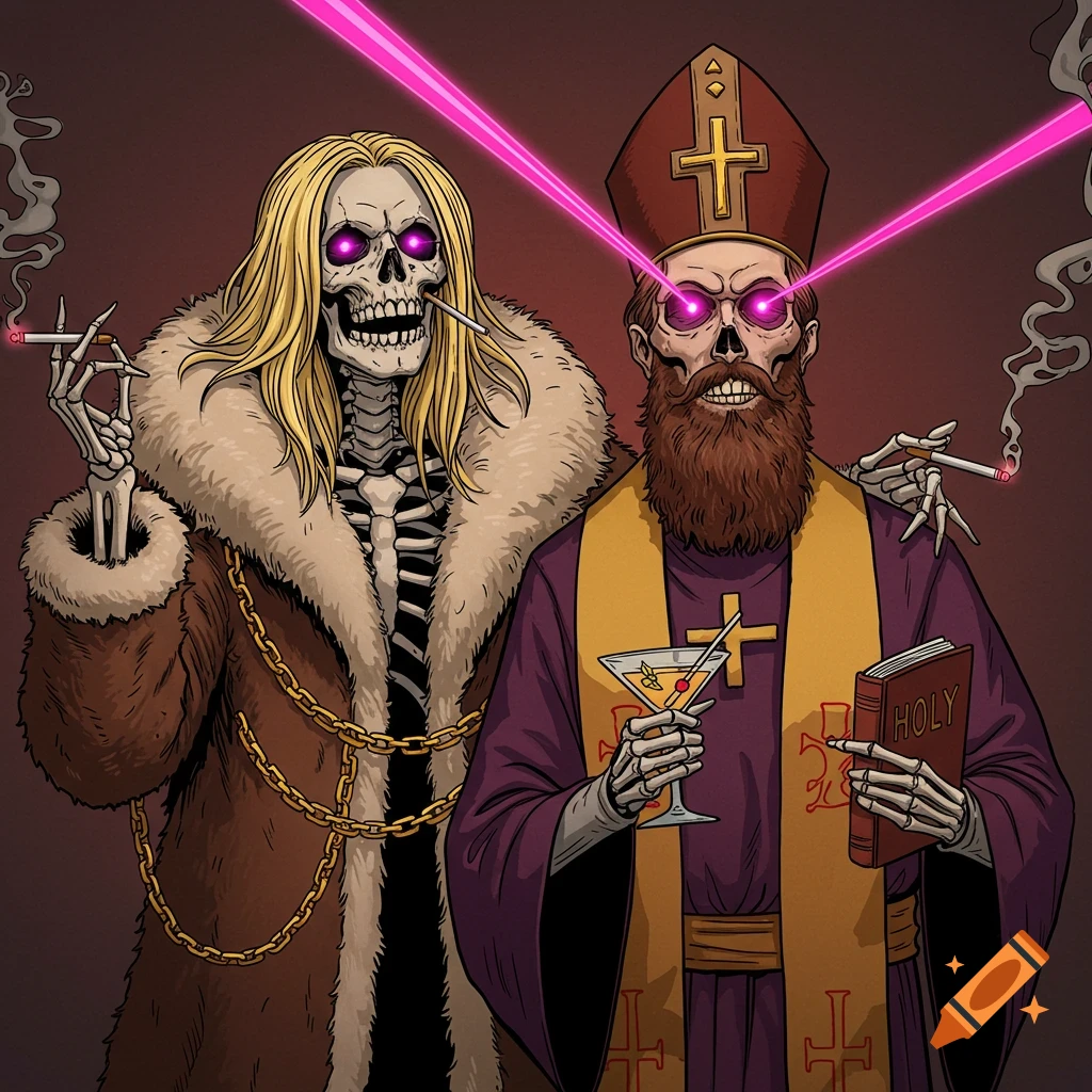 Comic book art of two skeletons, one in a fur coat smoking, the other a bearded priest with a bible and martini, both with laser eyes.