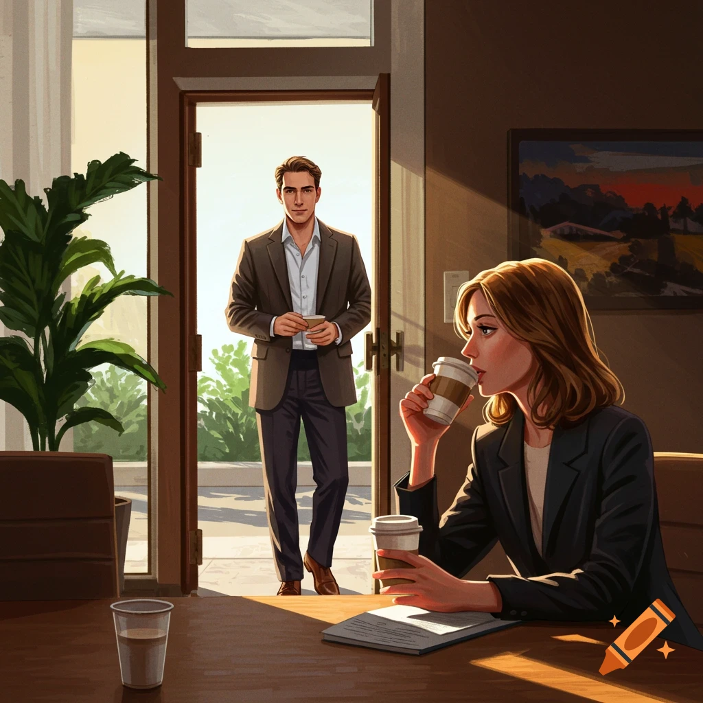 A man stands in a doorway as a woman sips coffee at a table in an office.