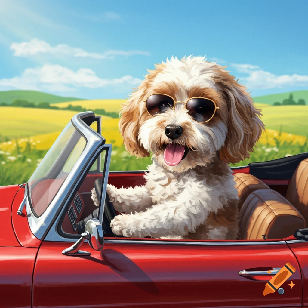 A dog wearing sunglasses drives a red convertible through a field under a sunny sky.