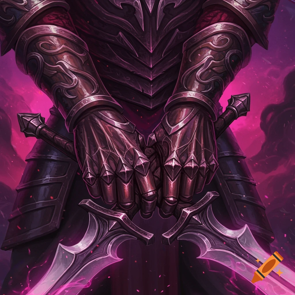 Close-up of a warrior in detailed armor holding two swords with glowing edges, fantasy digital art.