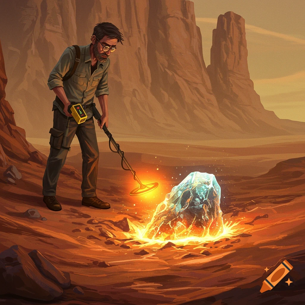 A man metal detecting a glowing crystal in a desert landscape.