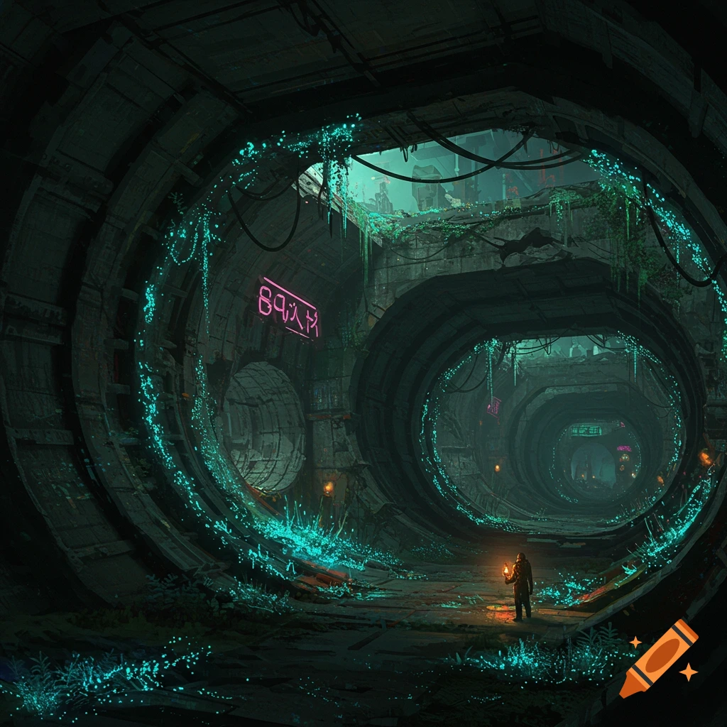 A figure with a light explores a vast, dark, overgrown underground tunnel system with glowing blue flora and neon signs.