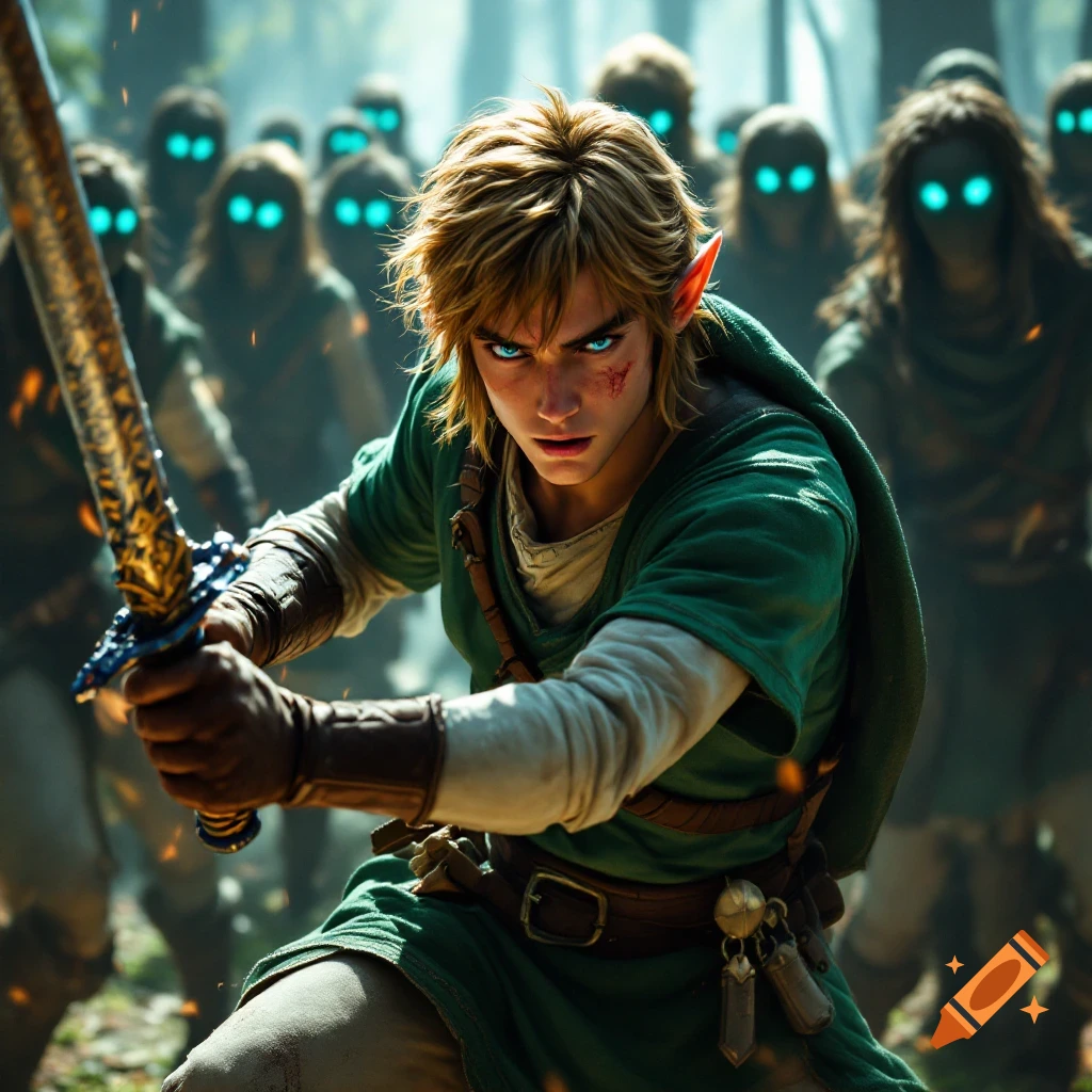 Link fighting in a forest with sword, surrounded by figures with glowing eyes