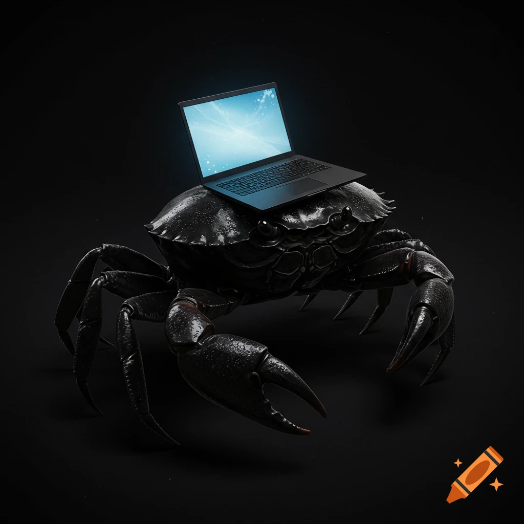 A black crab with a laptop on its back is set against a black background.