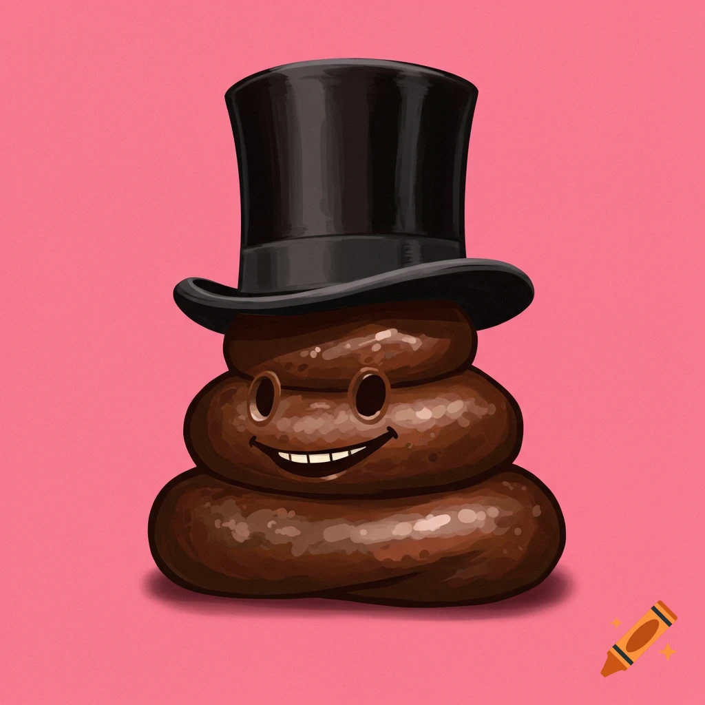 A brown poop emoji character wearing a black top hat on a pink background.