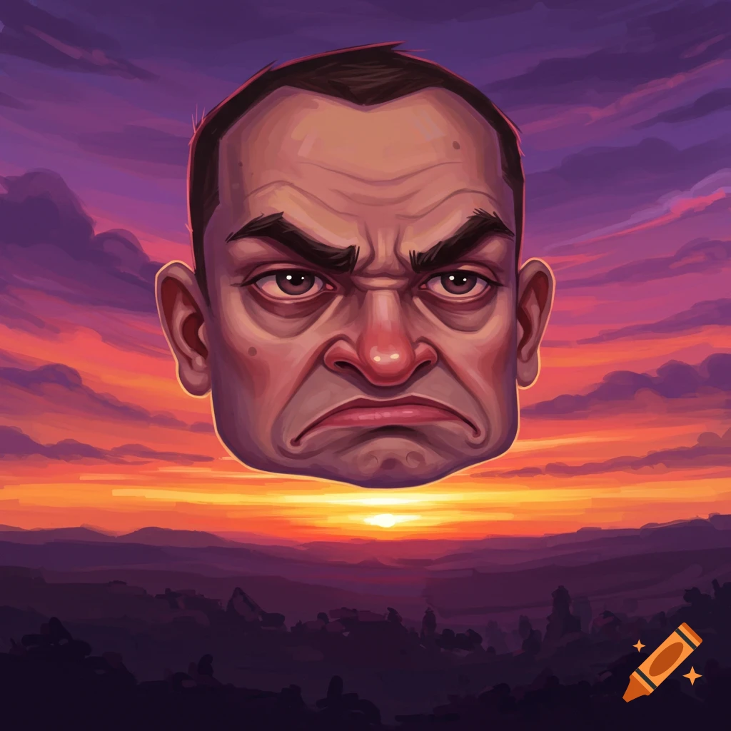 A stylized grumpy face floating over a landscape with a vibrant sunset.