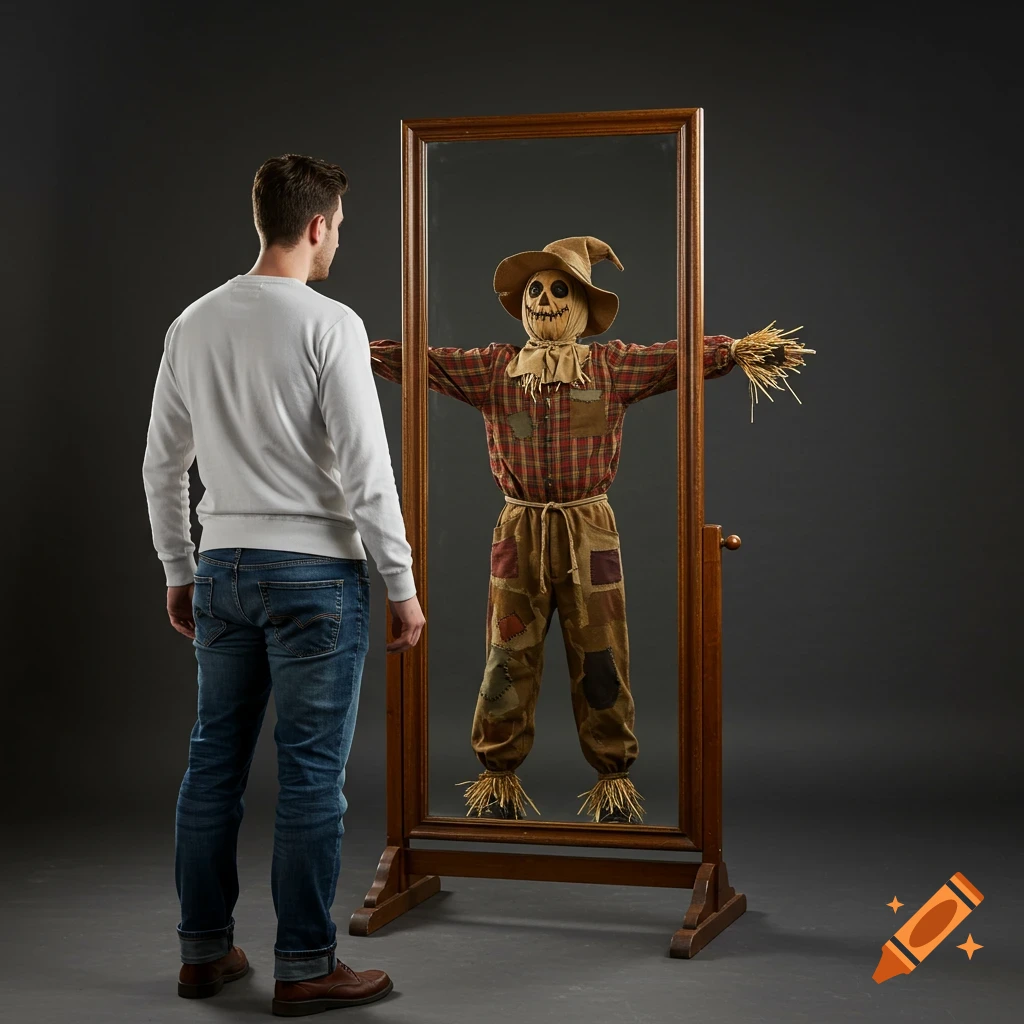 A man looks into a mirror reflecting a scarecrow.
