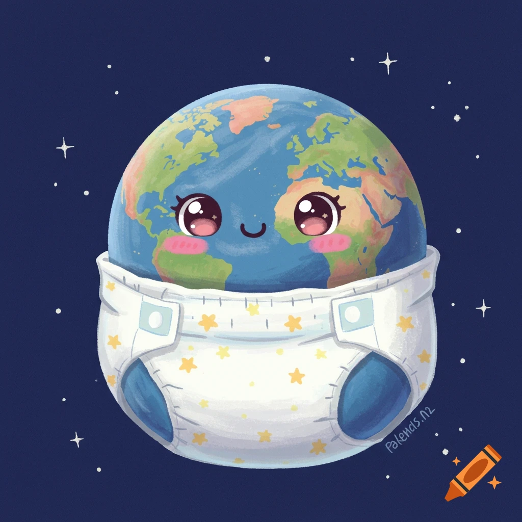 Cartoon Earth wearing a baby diaper floats in space.