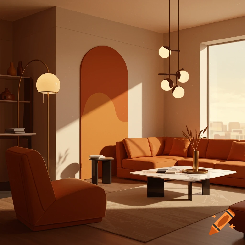 Modern living room with orange furniture, coffee table, lamp, and wall art, in warm light.