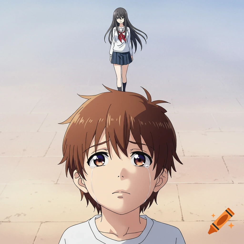 Anime scene of a crying boy looking up at a girl walking away.