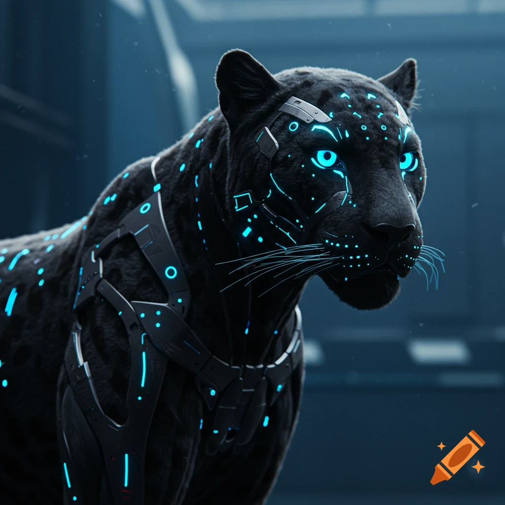 A high-tech black panther with glowing blue implants in a futuristic setting.