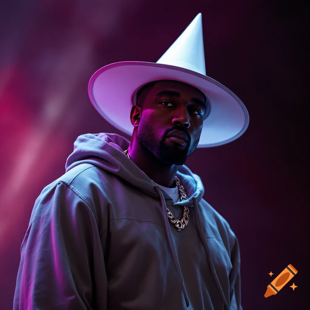 Portrait of a man in a grey hoodie, gold chain, and white pointy hat, lit with purple and blue light.