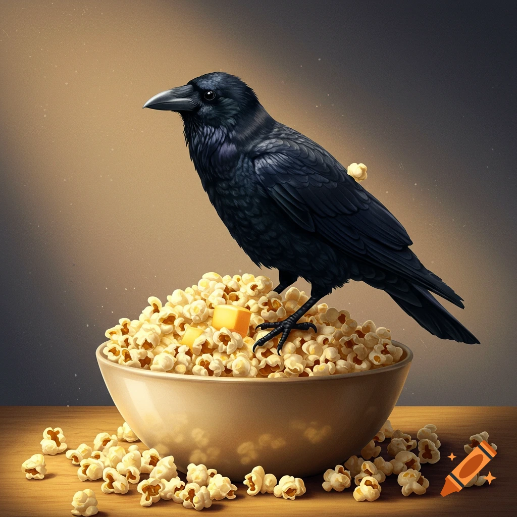 A black crow perched on a bowl of popcorn on a table.