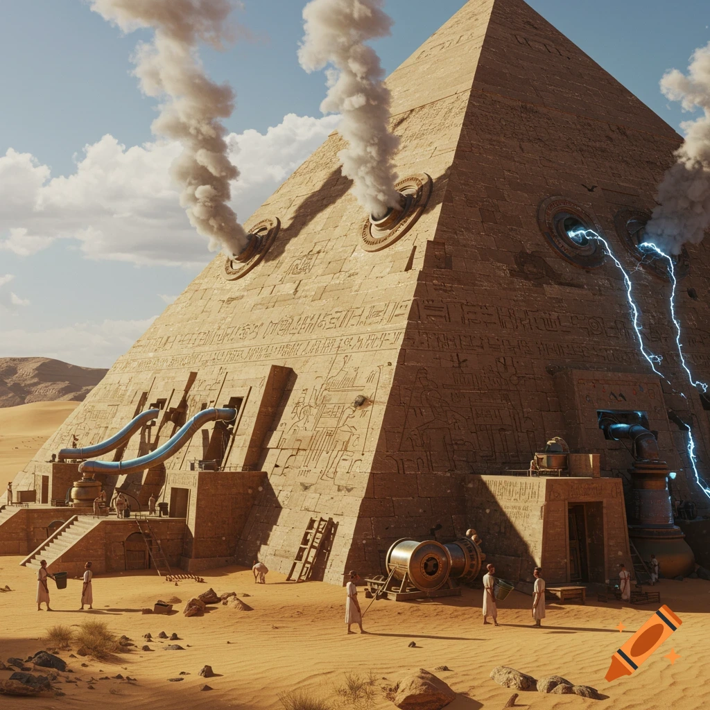 Realistic image of a steampunk pyramid power plant in a desert with smoke, lightning, machinery, and people.