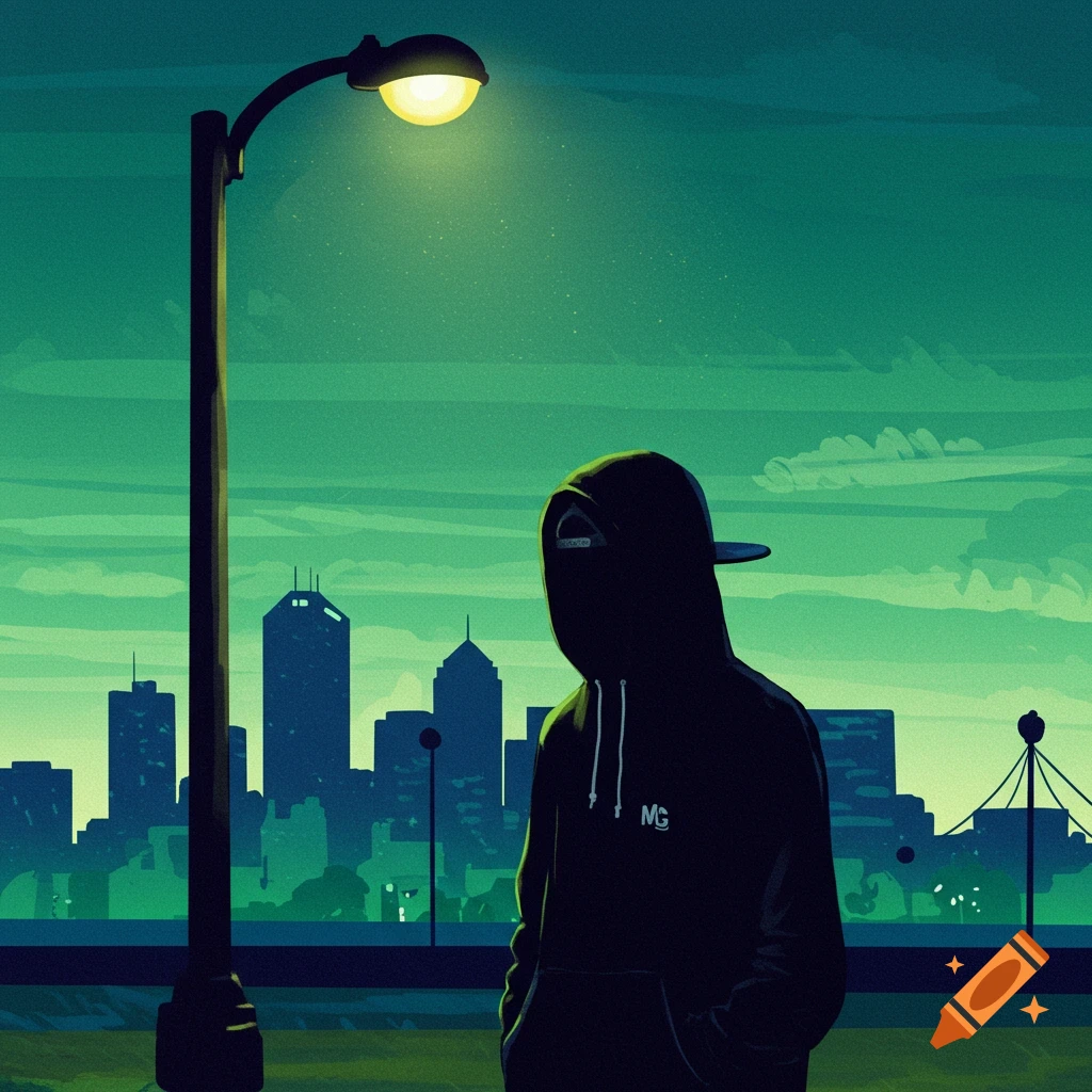 A silhouette figure under a streetlight with a city skyline.