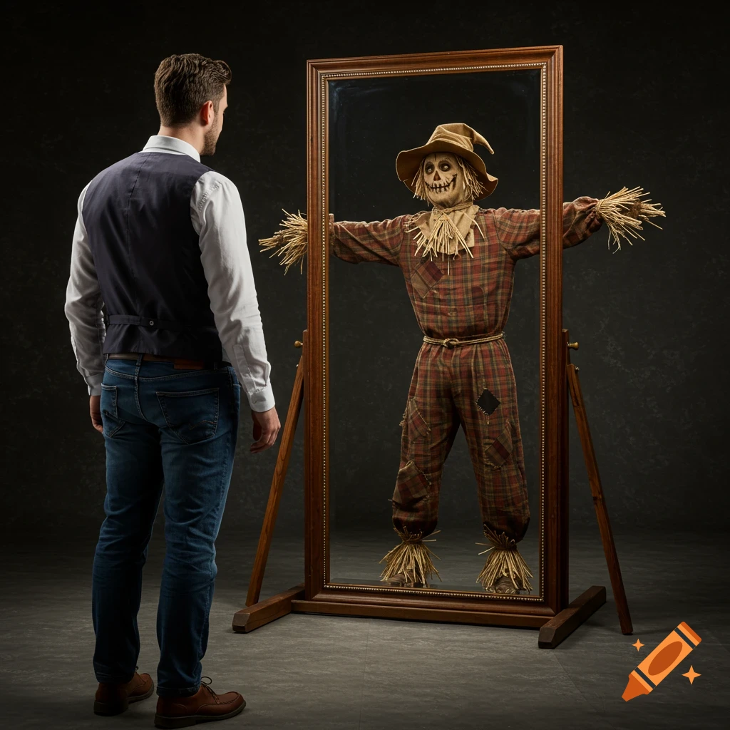 A man in a vest looks into a mirror seeing a scarecrow reflection.