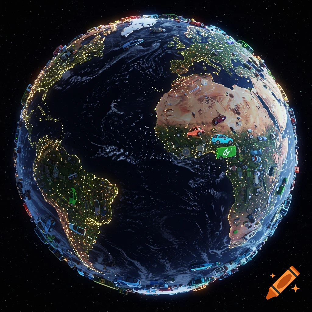 Earth made of colorful cars, seen from space with city lights.