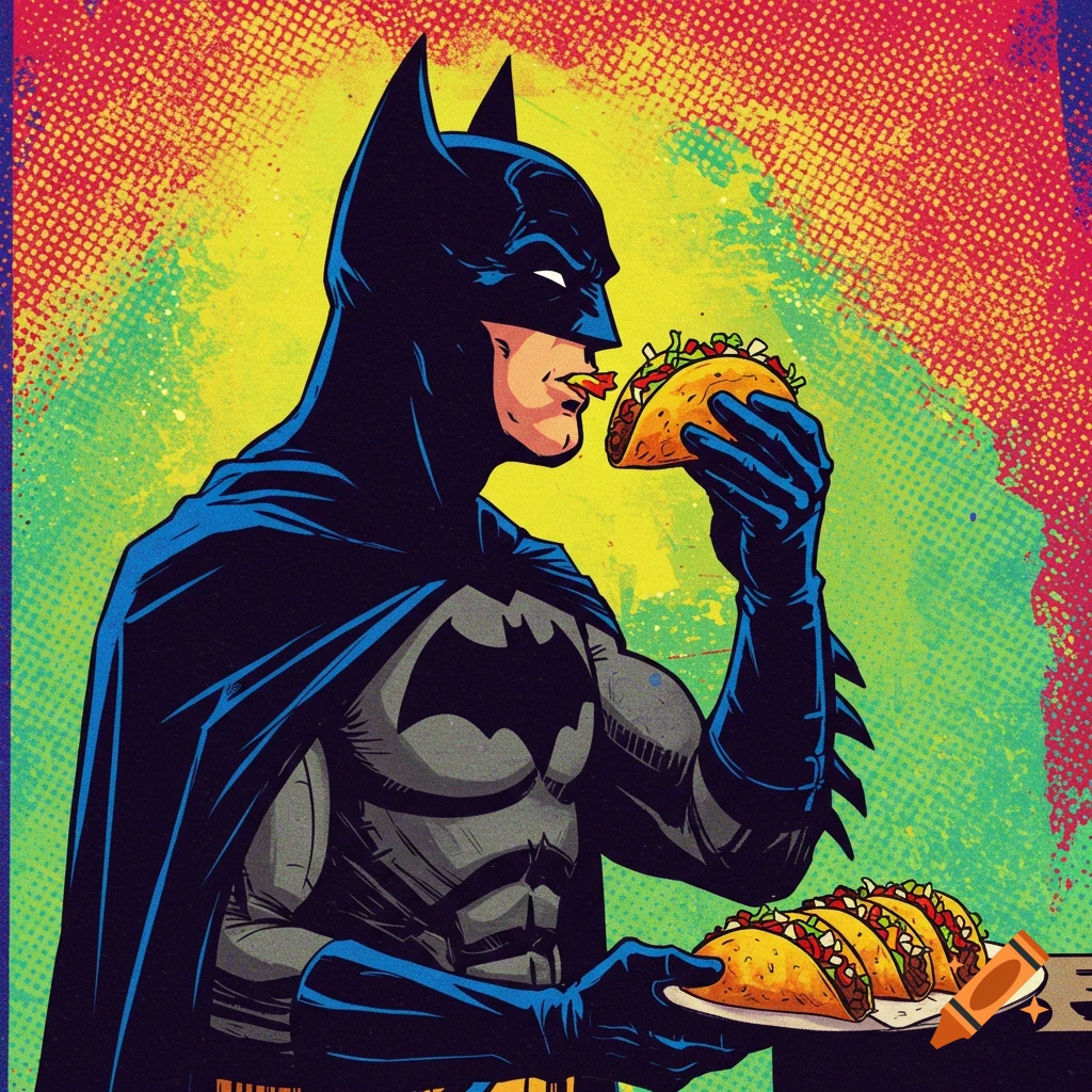 Batman eating tacos in a colorful comic book style.