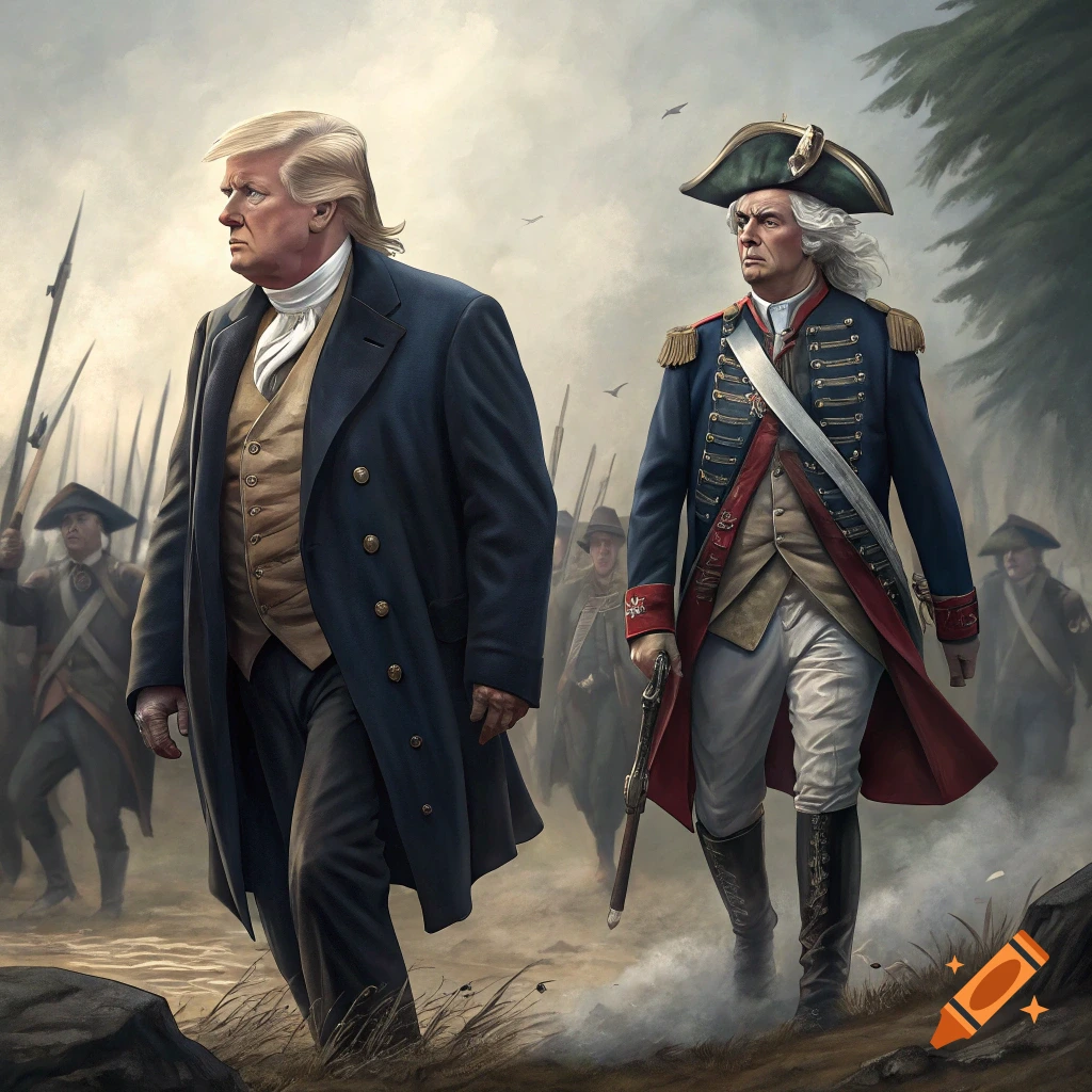 Donald Trump and George Washington in historical military attire walk through a battlefield.
