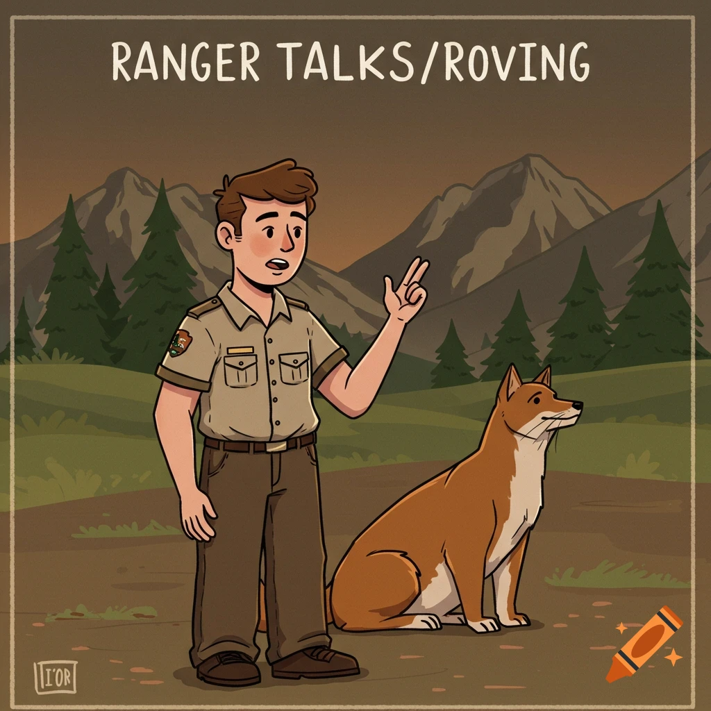 Cartoon park ranger talking next to a dog in a mountain forest setting.