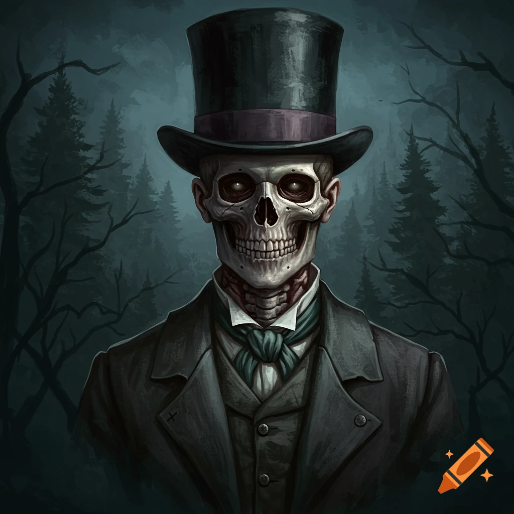 A skeleton in a suit and top hat against a dark forest background.