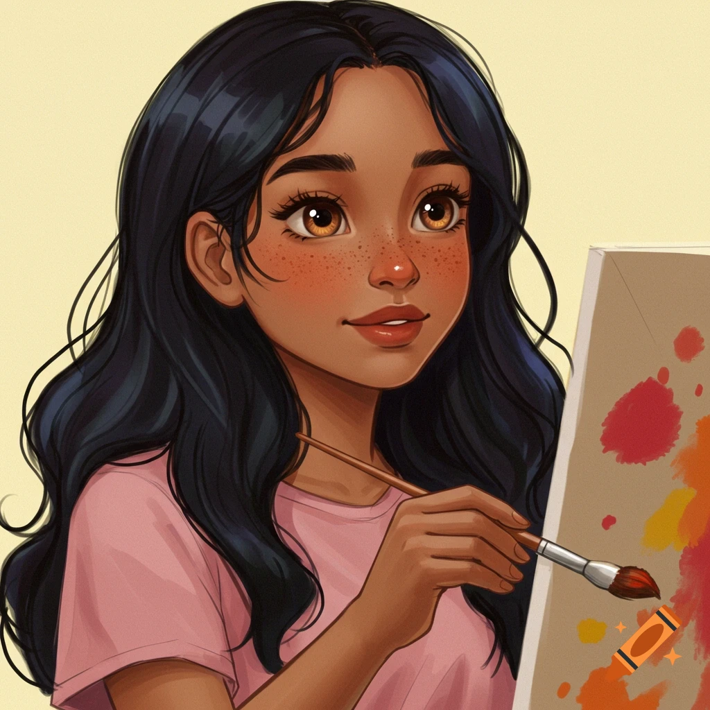 Illustrated girl with freckles painting on a canvas