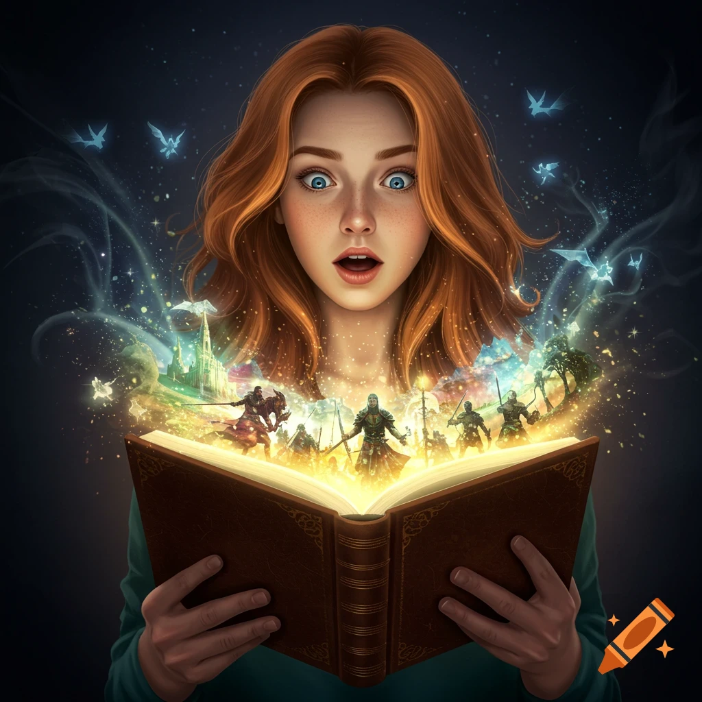 Woman reading a glowing fantasy book with scenes emerging from the pages.