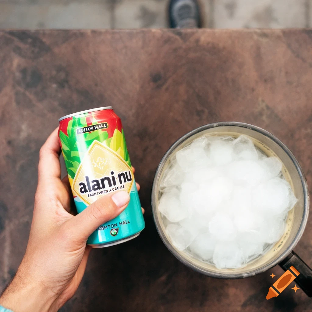 Ashton Hall holding Alani Nu can next to ice water on Craiyon