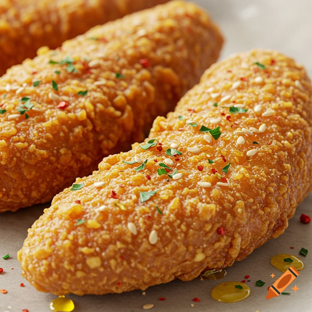 Close-up of golden fried chicken tenders sprinkled with herbs and sesame seeds.