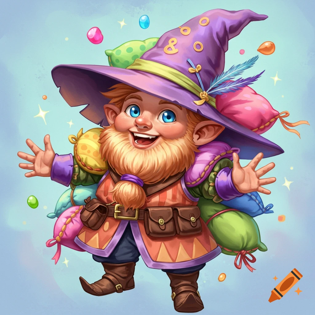 A smiling gnome wizard wearing a purple hat and pillows tied to him.