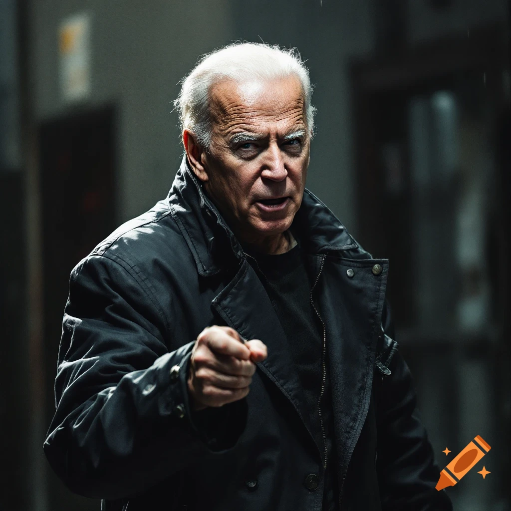 Photorealistic portrait of a man resembling Joe Biden in a dark jacket, pointing directly at the viewer in a gritty setting.
