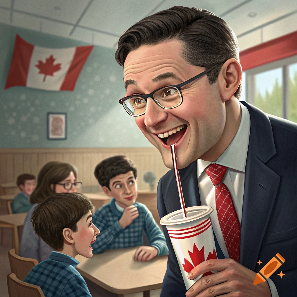 Man with glasses and suit drinks from a soda cup in a classroom with children and a Canadian flag in the background.