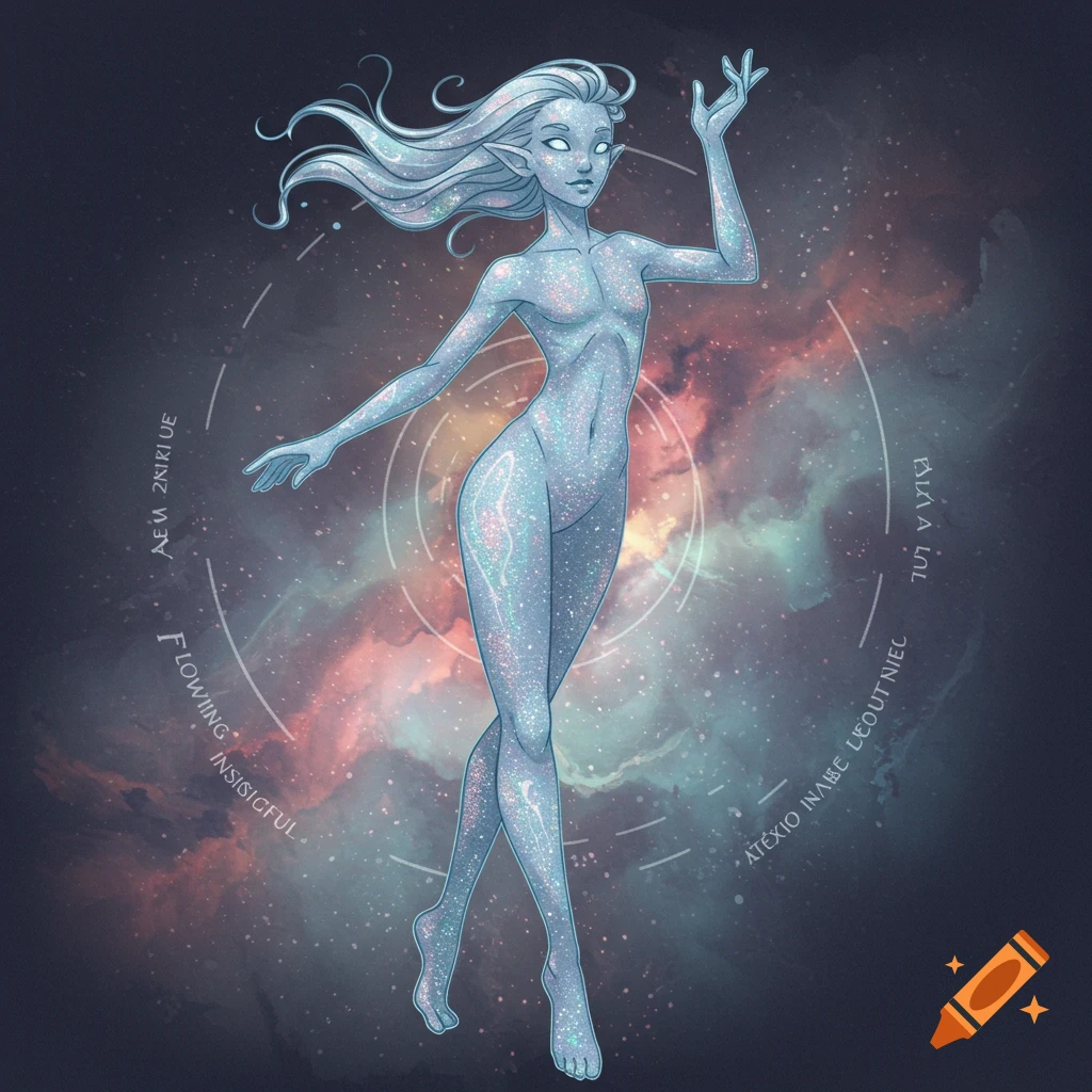 A stylized cosmic figure made of stars against a galaxy background, surrounded by text.
