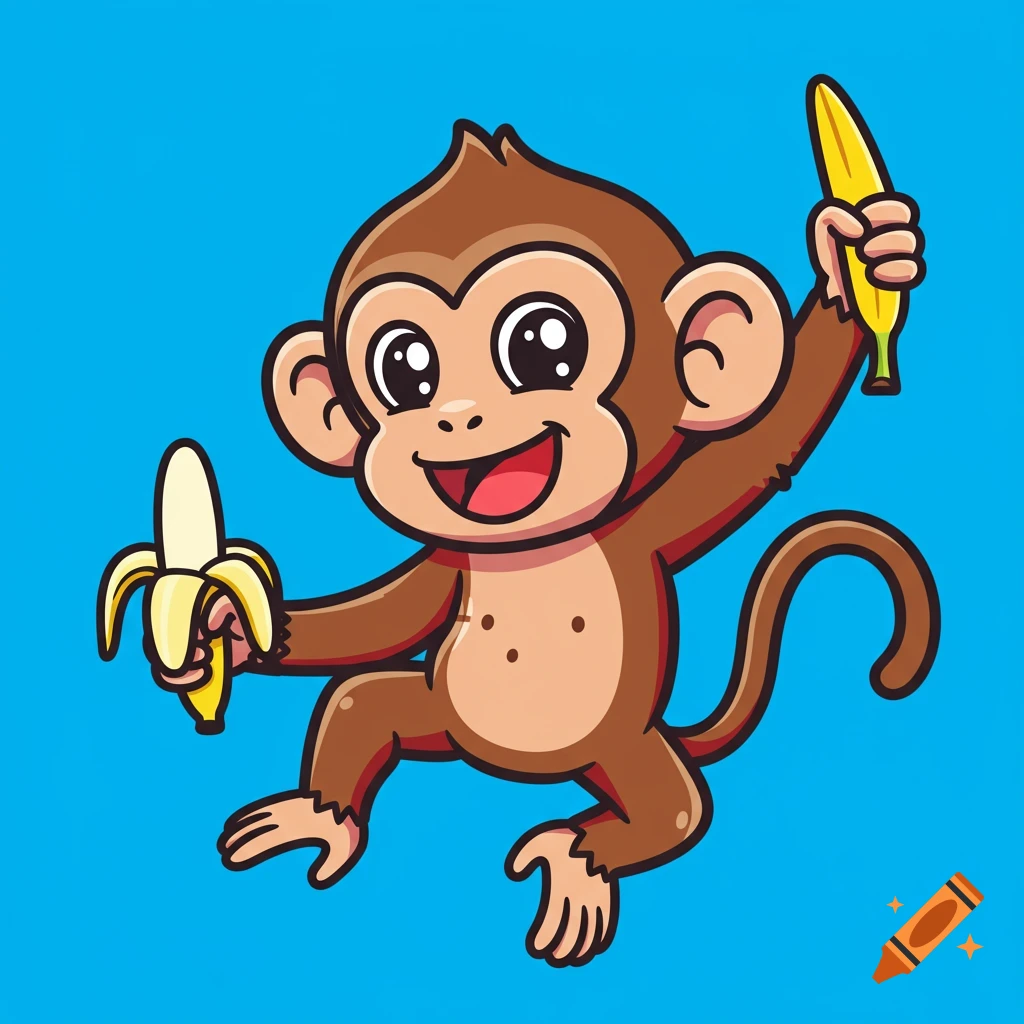 A cartoon monkey holds two bananas on a blue background.