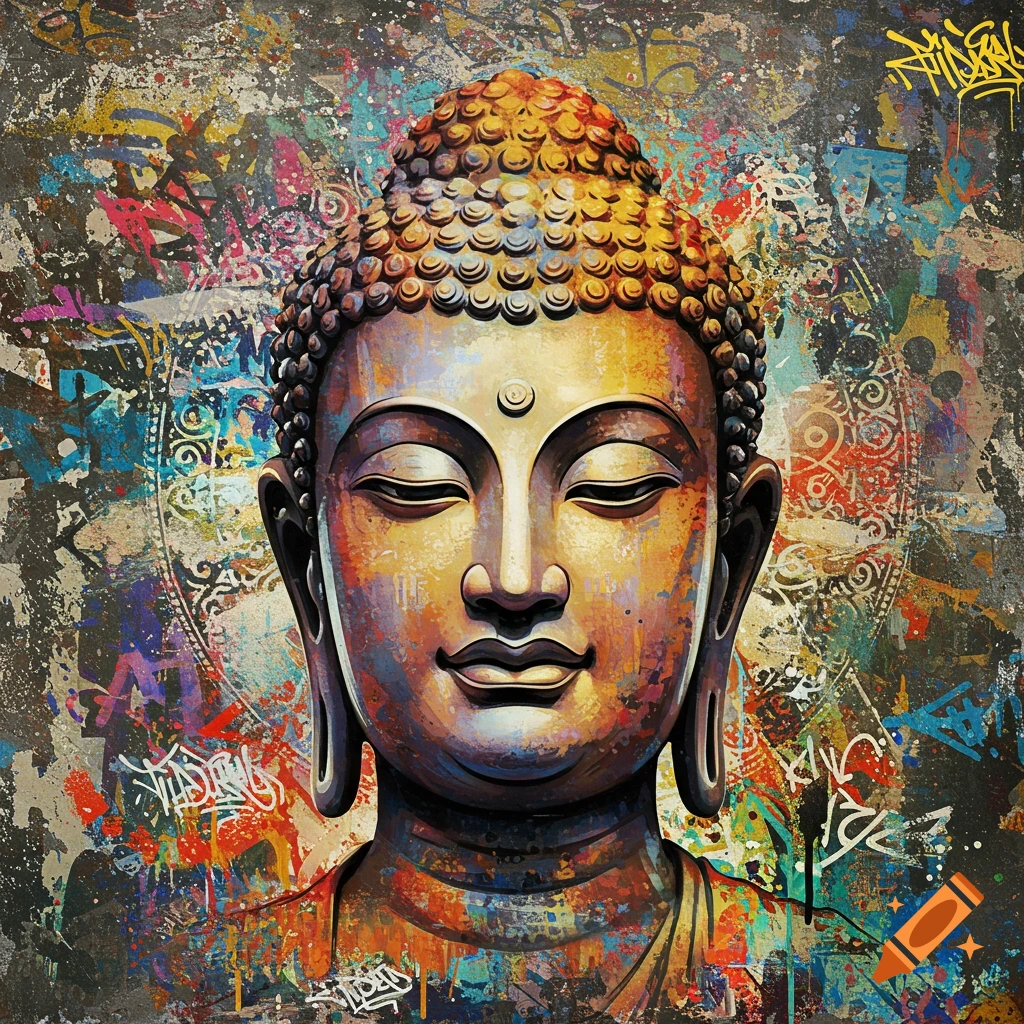 Image of Buddha's face in warm tones against a dark background covered in colorful graffiti tags and patterns.