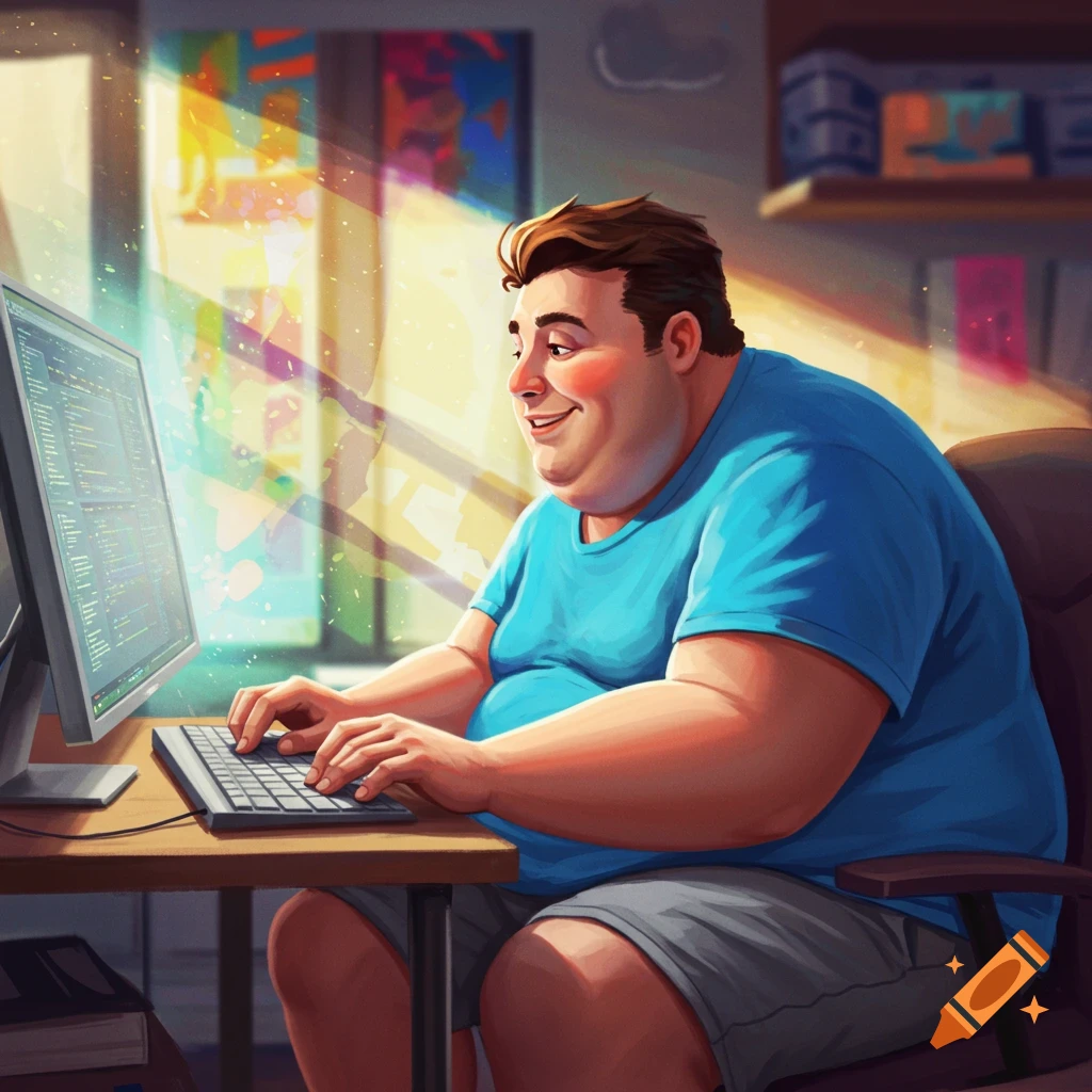 A man is smiling and typing on a computer at a desk with sunlight streaming in.