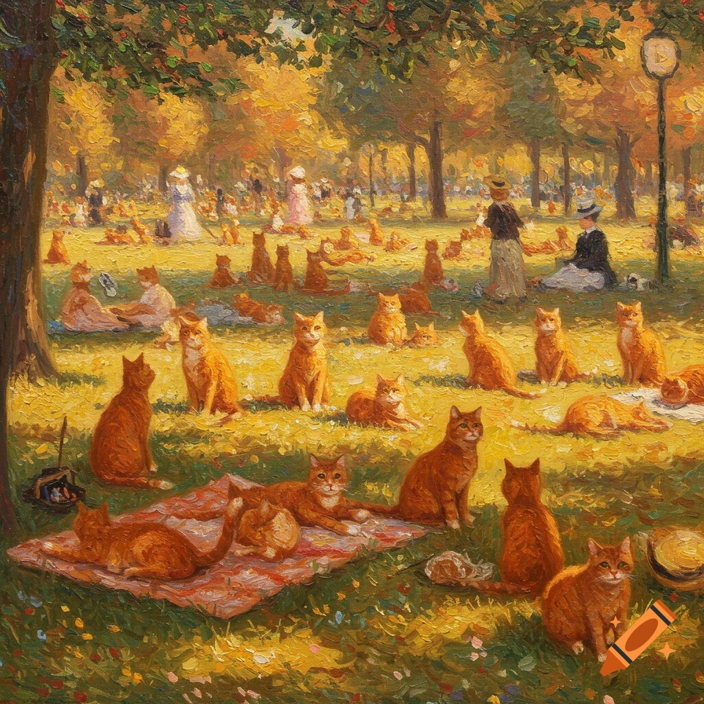 Impressionist painting of many orange cats picnicking in a park.