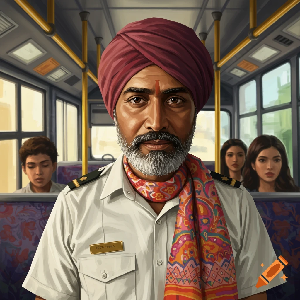 A man with a turban and beard sits in a bus.