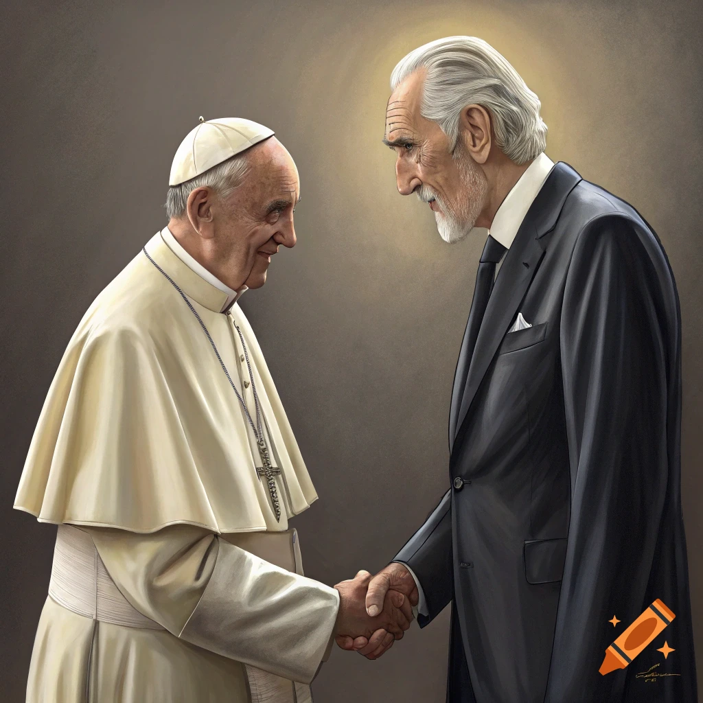 Painting of Pope Francis shaking hands with Christopher Lee